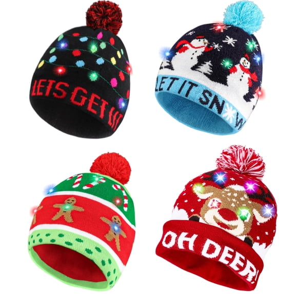 TETOU 4 Pack Light Up Christmas Hat,Cute Cartoon Design Xmas Knitted Beanie Hat with Light for Adults Kids Christmas Gift New Years Party Decoration(Style A)