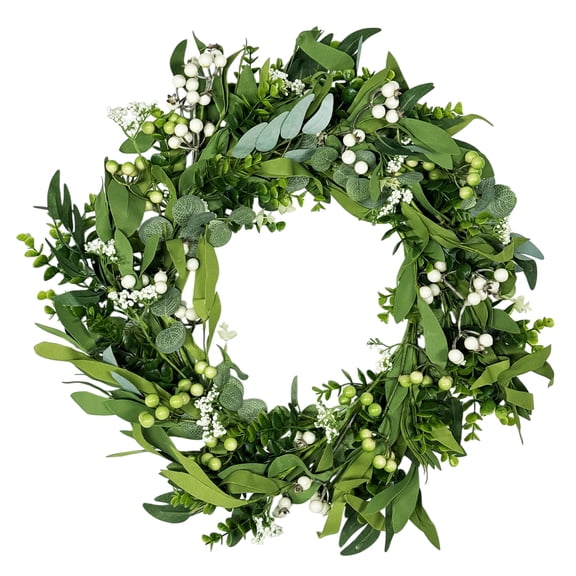 TETOU 20" Artificial Spring Summer Christmas Greenery Wreaths, Green Eucalyptus Leaf Wreath Boxwood with Big Berries for Front Door Farmhouse Outside Year Round Hanging Wall Party Decor