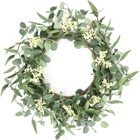 TETOU 20" Artificial Wreath, Eucalyptus Wreath, Spring Summer Wreath for Front Door Outside Farmhouse Decor Eucalyptus Wreath Window Hanging Wall Party Decorations