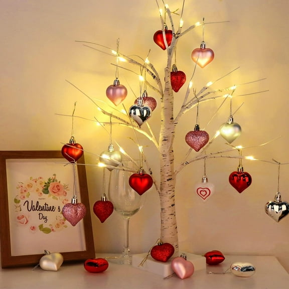 TETOU 23.2" Lighted Birch Tree with Heart-Shaped Ornaments Battery Operated Artificial White Birch Tree with LED Lights Valentines Day Decor Valentine Table Decorations for Home Wedding Dinner Gifts