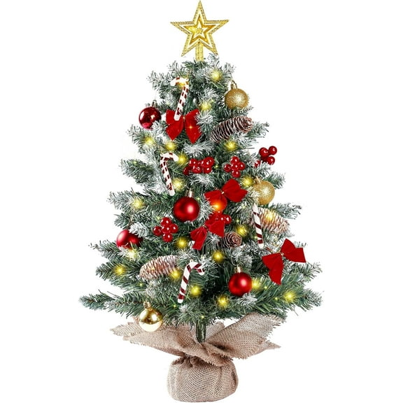 TETOU 24" Mini Christmas Tree, Small Decorated Christmas Tree with LED Lights Star Tree Topper Xmas Ornaments, Tabletop Christmas Tree for Holiday Indoor DIY Christmas Decoration(Style B)