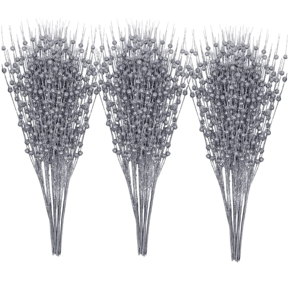 TETOU 24-Pack Silver Artificial Glitter Berry Stem Ornaments,17 Inch Bead Sticks Glittery Twigs Picks Branches for DIY Christmas Tree Wreath Holiday Home Indoor Winter Wedding Party Decoration