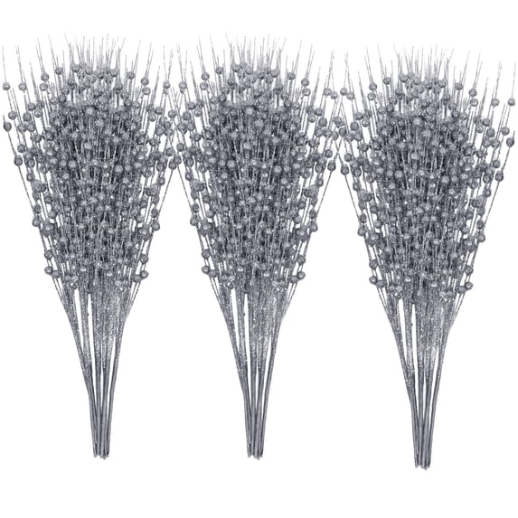 TETOU 24-Pack Silver Artificial Glitter Berry Stem Ornaments,17 Inch Bead Sticks Glittery Twigs Picks Branches for DIY Christmas Tree Wreath Holiday Home Indoor Winter Wedding Party Decoration