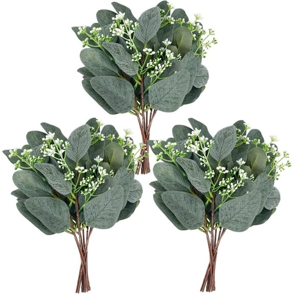 TETOU 24pcs Artificial Eucalyptus Leaves Stems with White Seeds Greenery Plants Flower Arrangement Wedding Home Decor