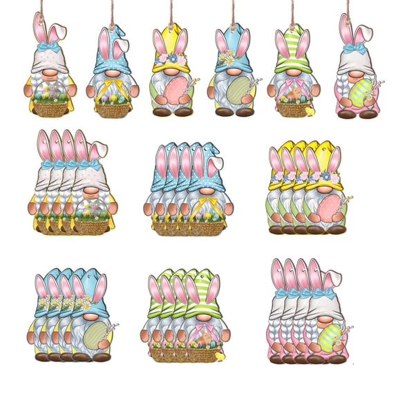 TETOU 24pcs Easter Wooden Hanging Ornaments Gnome Bunny Cutouts Wooden Slice Home Spring Easter Decor - Gnome Bunny A