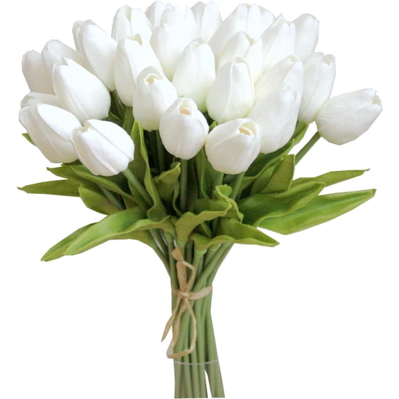 TETOU 28Pcs PU Fake Tulips Artificial Flowers, 13" Silk Flower Assorted Colors for Mother's Day Easter Valentine’s Day Gifts Home Kitchen Wedding Decoration - White