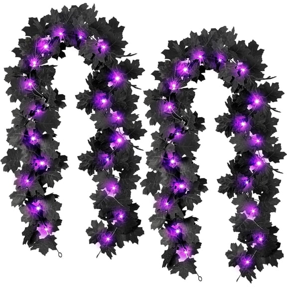 TETOU 2PCS Black Maple Leaf Garland with Purple Lights,5.7Ft Halloween Artificial Hanging Fall Leave Vines for Fall Halloween Party Home Mantle Wall Indoor Outdoor Decoration