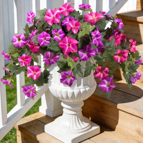 TETOU 2Pcs Artificial Fake Flowers , Faux Petunias Silk Flower UV Resistant No Fade for Spring Home Garden Balcony Yard Porch  Indoor Outdoor Decoration(Fuchsia Lotus)