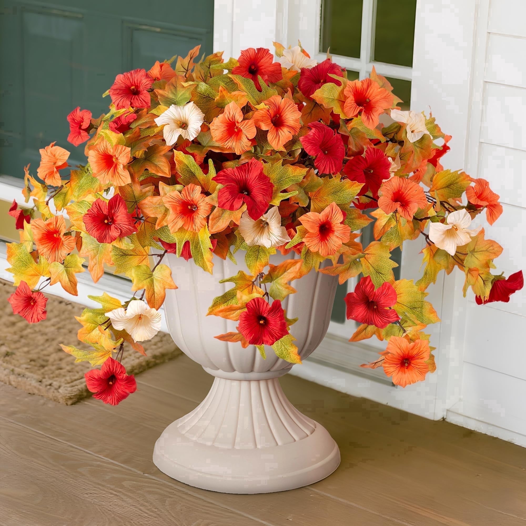 TETOU 2Pcs Artificial Fake Fall Flower for Outdoor, Faux Petunias Silk Flower UV Resistant No Fade for Fall Halloween Thanksgiving  Garden Balcony Yard Porch  Indoor Outdoor Decoration (Orange White)