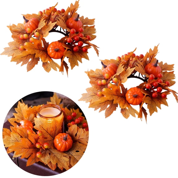 TETOU 2Pcs Artificial Maple Leaves Candle Rings Berry Wreaths for Pillar Candle Holder, Thanksgiving Pumpkin Candle Rings Wreath for Autumn Thanksgiving Wedding Home Door Tabletop Decoration - Orange