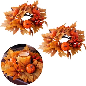 TETOU 2Pcs Artificial Maple Leaves Candle Rings Berry Wreaths for Pillar Candle Holder, Thanksgiving Pumpkin Candle Rings Wreath for Autumn Thanksgiving Wedding Home Door Tabletop Decoration - Orange