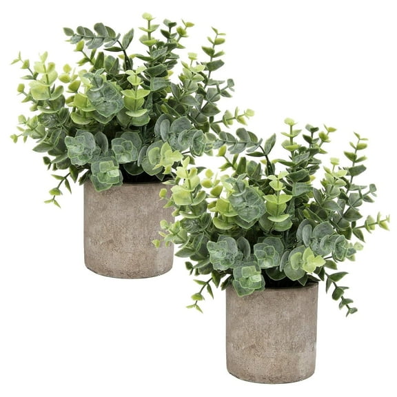 TETOU 2Pcs Small Fake Plants, Eucalyptus Potted Artificial Plant, Tabletop Artificial Green Plant for Shelf Desk Home Bathroom Farmhouse Room Coffee Table Decoration
