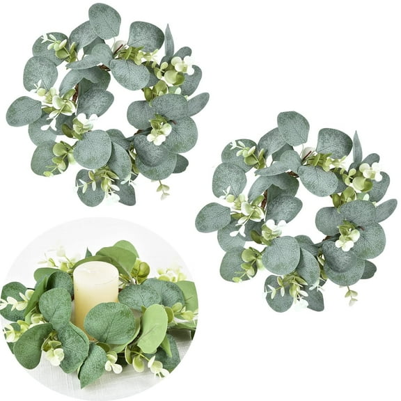 TETOU 2pc Mini Artificial Eucalyptus Leaves Wreaths,Candle Rings Wreaths 4 inch center for Wedding Table Centerpiece Door Wall Window Pillars Farmhouse Party Home All Seasons Decor(Style B)