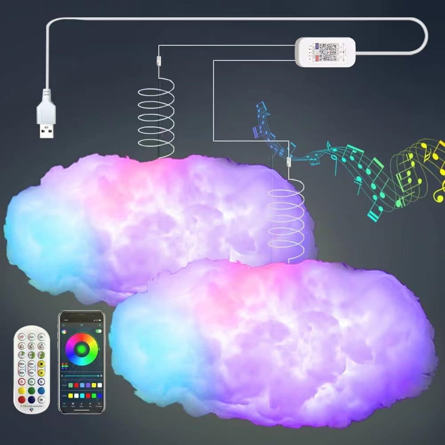 Tetou Cloud Lightning Light 23.6 inches Modern Multicolor Music Sync 2-Lights Wireless USB-Powered