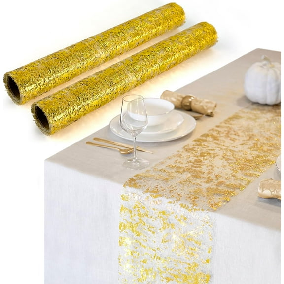 TETOU 2pcs Gold Table Runner Sequin Glitter Foil Metallic Thin Mesh Tablecloth Gold Centerpieces for Banquet Table Decoration