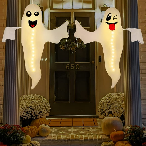 TETOU 2pcs Hanging Ghost Lighted Hallowmas Tree Hugger Friendly Spooky Lighted Ghost for Outdoor Yard Party Halloween Decor
