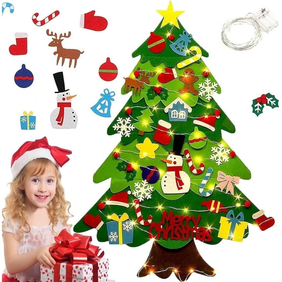 TETOU 3.2Ft Felt Christmas Tree for Toddlers,Felt Xmas Tree Set with String Lights, Christmas Decorations Indoor Wall Hanging Kids Gift