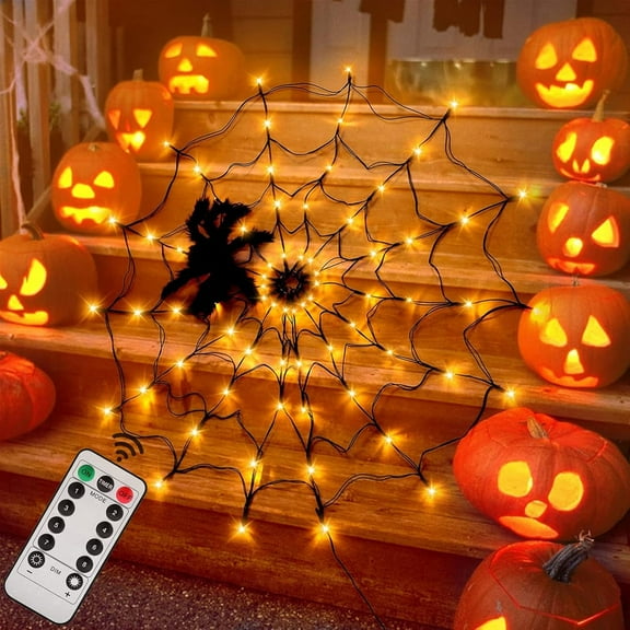TETOU 3.94Ft 70LED Remote Control Hallowe'en Spider Web Lights Waterproof Battery Operated Hallowe'en Decorations Lights with Black Spider for Indoor Outdoor Home Garden Yard Party Decor-Warm White