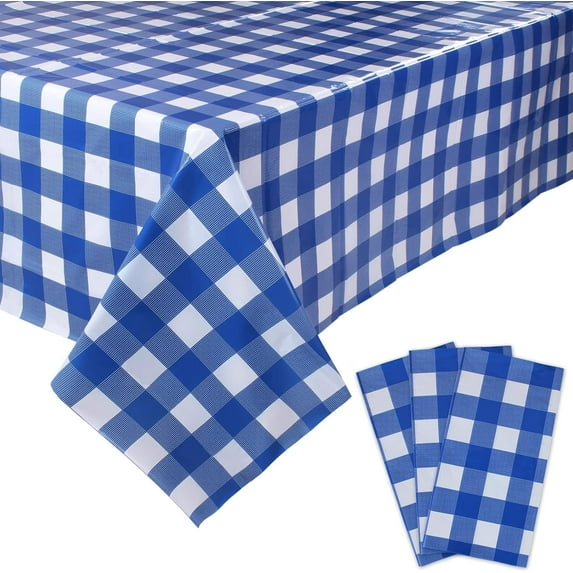 TETOU 3 Packs Blue Gingham Tablecloth Bule and White Checkered Tablecloths 54 x 108 Inches Disposable Plastic Gingham Tablecovers Waterproof Rectangle Picnic Table Covers for Birthday Party Supplies