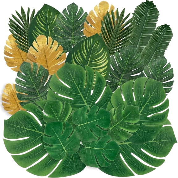 TETOU 30 Pieces 8 Kinds Artificial Tropical Palm Leaves Tropical Leaves Monstera Leaves Safari Jungle Leaf with Stems for Hawaiian Luau Party Beach Table Wedding Shower Birthday Theme Decorations