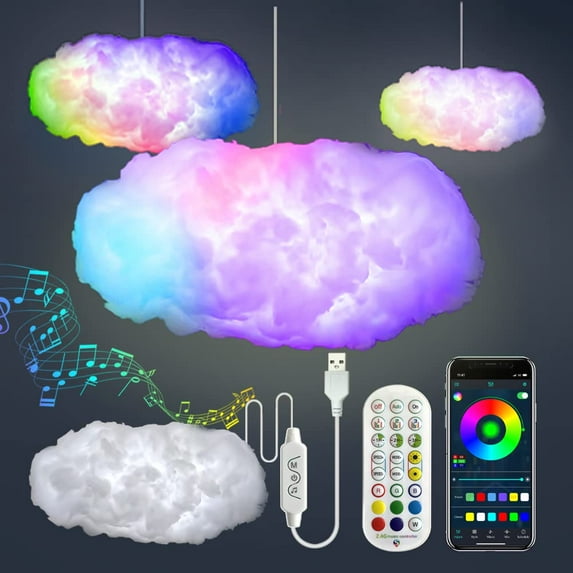 TETOU 3D Big Cloud Lightning Light Kit Music Sync Multicolor Lightning Changing Strip Lights Wireless Remote Home Bedroom Decor