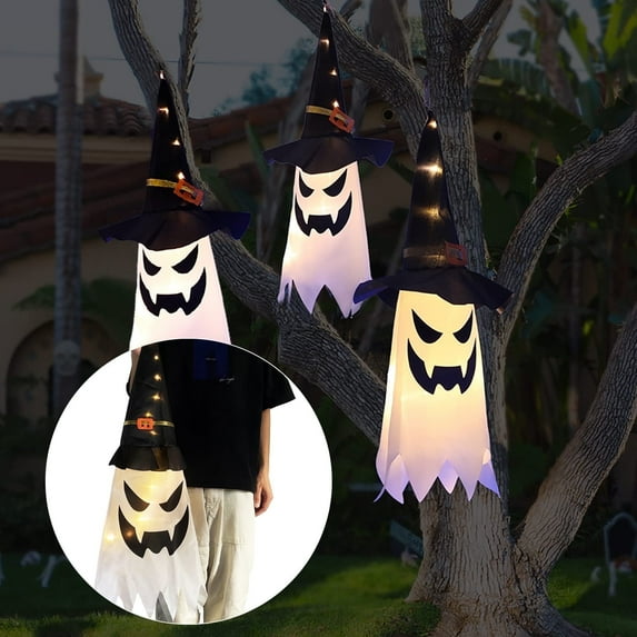 TETOU 3Pcs 31.5" Upgrade Halloween Decoration Hanging Gypsophila Ghost, Light up LED Witch Hat for Outdoor Tree Garden Home Decor - Warm Light