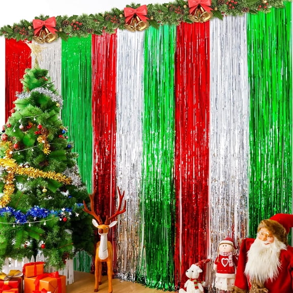 TETOU 3pcs Christmas Foil Fringe Curtains,3.3 x 6.6 ft Red Silver Green Tinsel Fringe Party Photo Backdrop Streamer Backdrop for Christmas New Year Ugly Sweater Party Decoration