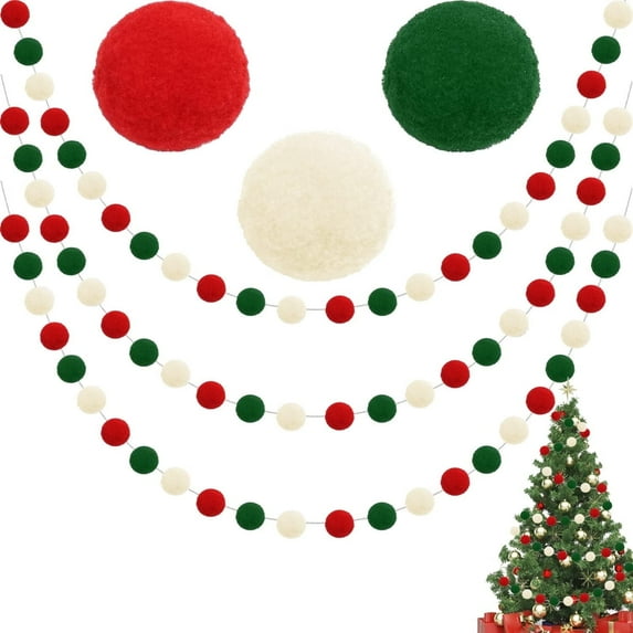 TETOU 3 Pack Christmas Pom Pom Garland for Tree Indoor Home Room Decor,Cute Hanging Felt Ball Red White Green Pompom Bead String Banner Christmas Decorations Birthday Party Supplies