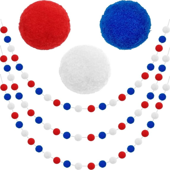 TETOU 3 Pack Pom Pom 4th of july Garland,Patriotic Red White Blue Felt Ball Garland Party Decor Supplies for Independence Day Memorial Day Veterans Day