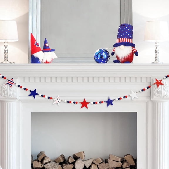 TETOU 4.2FT Patriotic Wooden Beads Garland with Felt Star, Red White Blue American Flag Colors Beaded Independence Day Decor, Rustic Farmhouse Banner 4th of July Garland for Home Mantel  Decoration