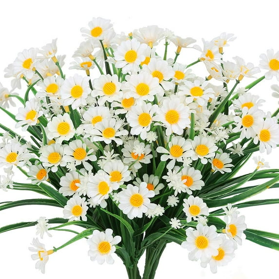TETOU 4 Bundles Artificial Daisies Flowers for Garden UV Resistant Fake Greenery for Window Indoor Home Office Decoration(White)
