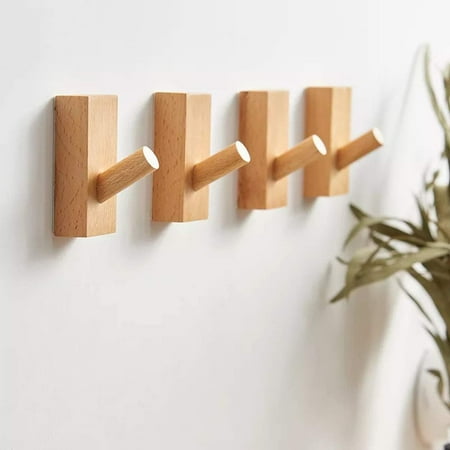 TETOU 4 Pack Adhesive Wall Hooks Hat Rack, Wooden Coat Hooks Wall Mounted, Decorative Hooks Single Organizer Hat Hanger Towel Rack(Rectangle-Beech)