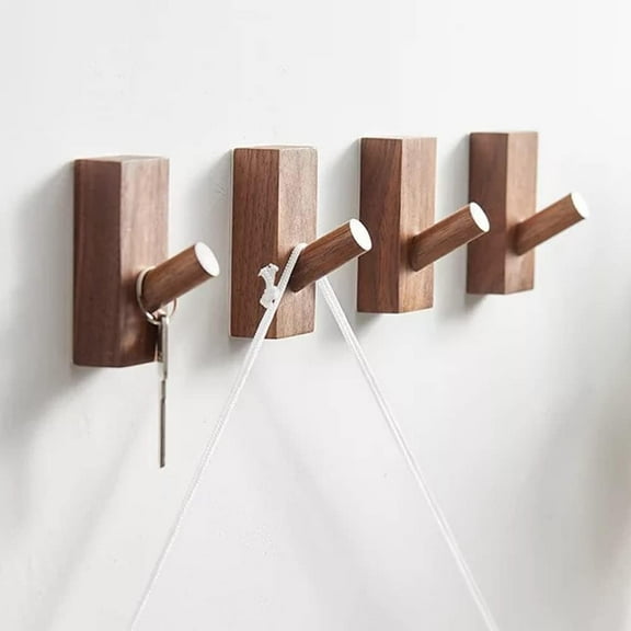 TETOU 4 Pack Adhesive Wall Hooks Hat Rack, Wooden Coat Hooks Wall Mounted, Decorative Hooks Single Organizer Hat Hanger Towel Rack(Rectangle-Black Walunt)