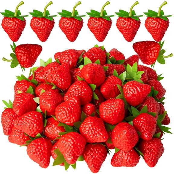 TETOU 40Pcs Artificial Red Strawberries, 1.2*1.3" Fake Lifelike Fruit Plastic Strawberry for Home Kitchen Party Decor Photography Prop