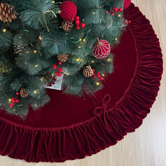 TETOU 48In Christmas Tree Skirt ,Burgundy Ruffled Velvet Xmas Tree Skirt with Foam Padding Nylon Backing and Lace-Up Tie Closure for ChristmasTree Party Gift Holiday Home Decor