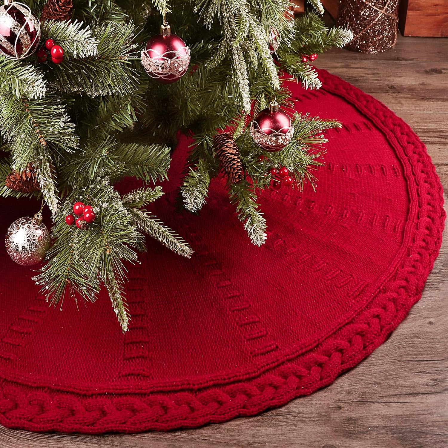 Burgundy Cable Knit 48-Inch Rustic Christmas Tree Skirt
