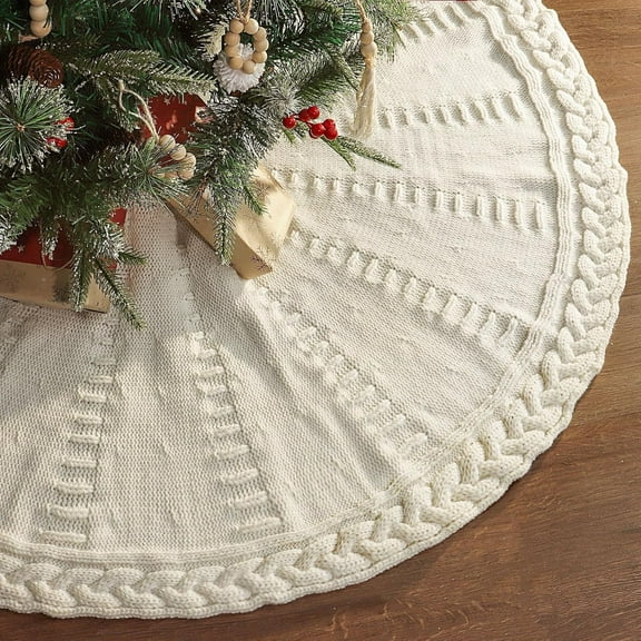TETOU 48In Knitted Christmas Tree Skirt, Cream White Tree Skirt, Braided Cable Knit Thick Rustic Christmas Tree Decorations, Farmhouse Christmas Decor Xmas Holiday Home Party Decorations