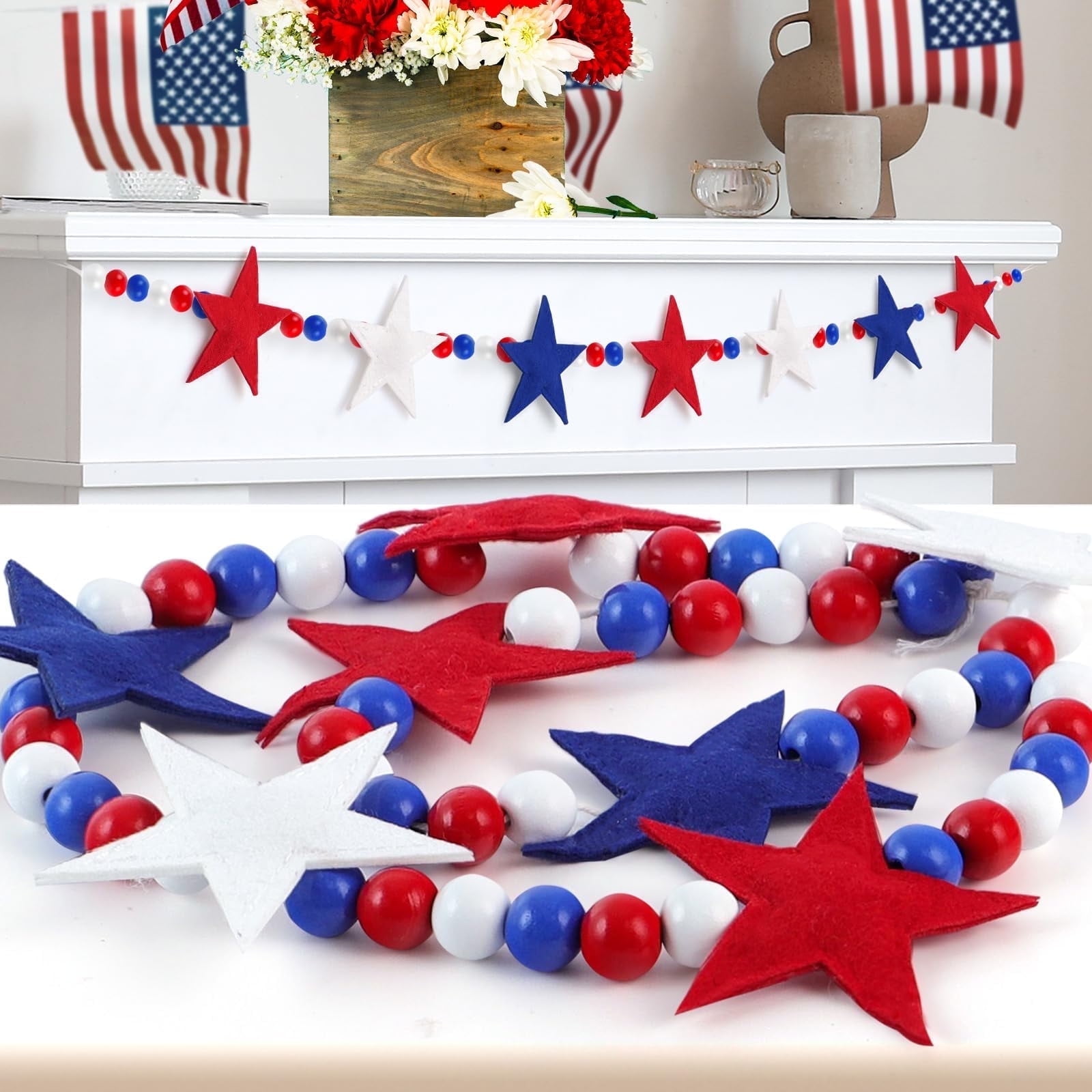 TETOU 4FT Patriotic Wooden Beads Garland with Star, Red White Blue American Flag Colors Beaded Independence Day Decor, Rustic Farmhouse Banner 4th of July Garland for Home Mantel Wall Decoration