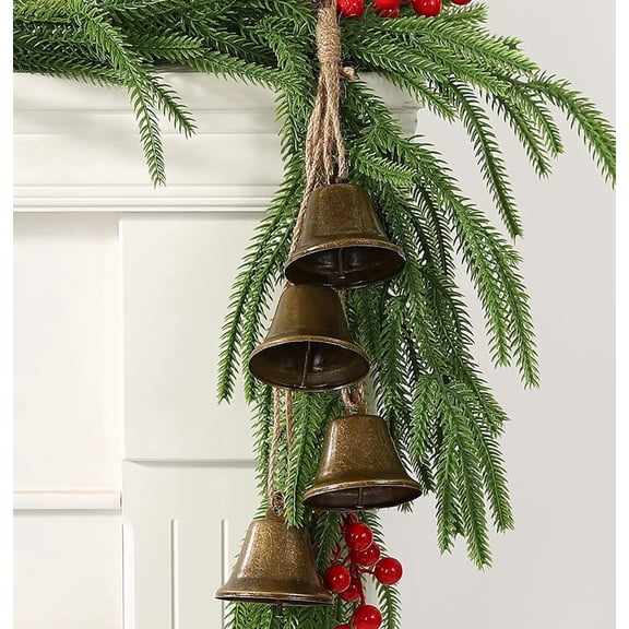 TETOU Set of 4 Christmas Metal Bells,Gold Vintage Bells with Hanging Rope for Christmas Tree Weddings Parties Doors Staircase Windows Garland Wreaths Decoration