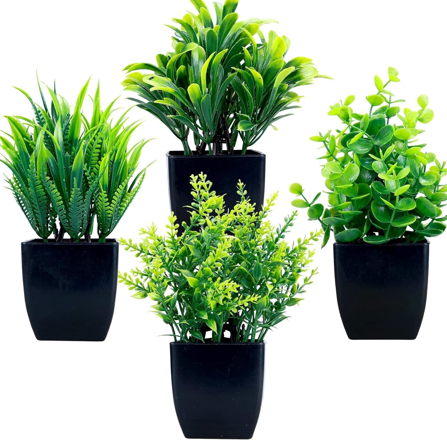 TETOU 4Pcs Fake Plants in Black Pot, Mini Artificial Eucalyptus Potted Plant Small Faux Grass Greenery Potted Plants for Indoor Home Office Farmhouse Bathroom T