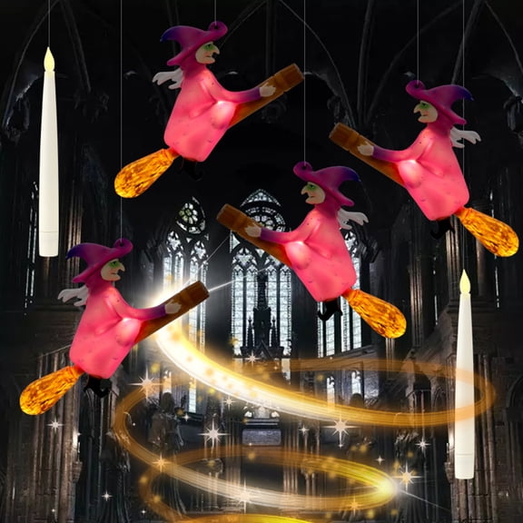 TETOU 4Pcs Hallowe'en Floating Candles with Witch, Magic Hanging Witch Lights with Remote, Flickering Orange Light Floating LED Candle for Theme Party Hallowe'en Decoration