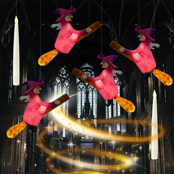 TETOU 4Pcs Hallowe'en Floating Candles with Witch, Magic Hanging Witch Lights with Remote, Flickering Orange Light Floating LED Candle for Theme Party Hallowe'en Decoration