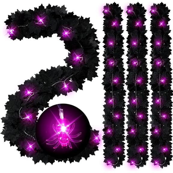 TETOU 4Pcs Hallowe'en Garland with 40 LED Lights Artificial Hanging Fall Leave Maple Vines, 67" Black Fall Garland with Spider Bat Lights for Trick or Treat Party Decor - Spider