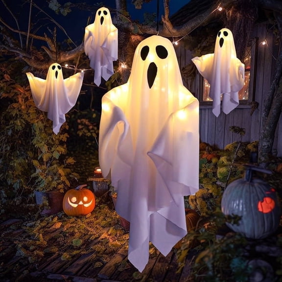 TETOU 4Pcs Halloween LED Hanging Ghosts, 19.68" Cute Glowing Flying Ghost for Halloween Party Front Yard Patio Lawn Garden Holiday Decor - White