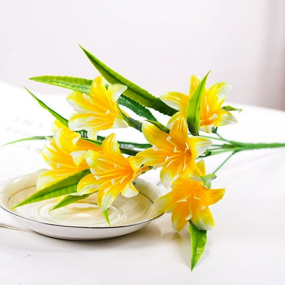 TETOU 4Pcs Yellow Lily Artificial Flowers No Fade Plastic Plants for Garden Bedroom Indoor Outdoor Decorations
