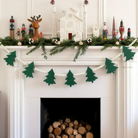 TETOU 4ft Christmas Tree Wooden Bead Garland,Cute Felt Xmas Tree Hanging Green White Bead Ornament String Festive Banner for Christmas New Year Party Home Mantel Wall Indoor Decoration