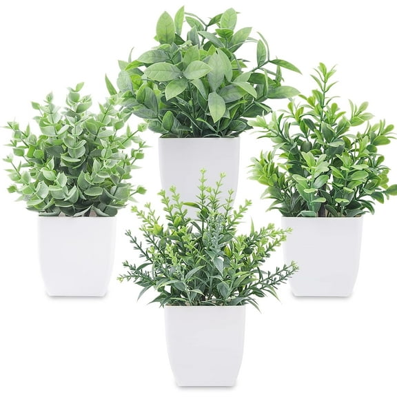 TETOU 4pcs Fake Plants Small Artificial Greenery Potted Plants Mini Simulation Eucalyptus for Home Office Table Decor