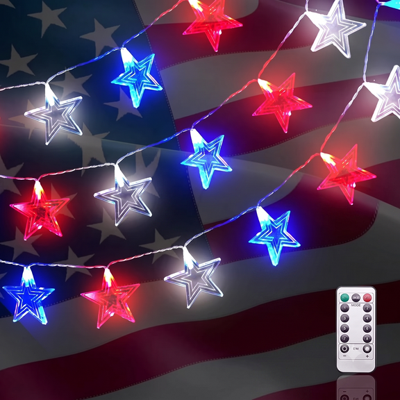 TETOU 4th of July Decorations Red & White & Blue Lights with 30 Led Big Stars, 9.84ft Battery Operated Independence Day Lights for Indoor Outdoor Home Garden Patriotic Theme Memorial Day Decor