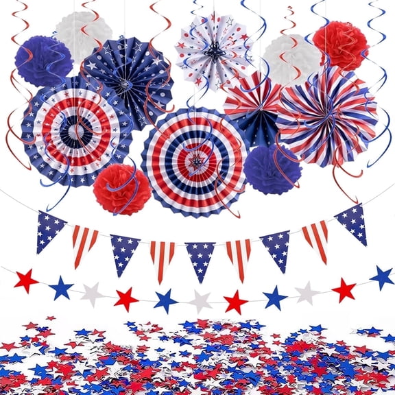 TETOU 4th of July Patriotic Decorations,Red White Blue Paper Fans USA Flag Pennant Star Streamer Pom Poms Hanging Swirls Party Decor Supplies for Independence Day Memorial Day Veterans Day