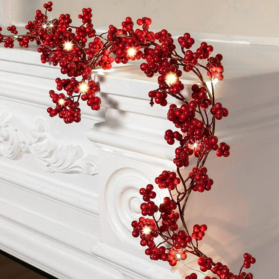 TETOU 5.9ft Red Berry Christmas Garland with Lights Artificial Garland for Indoor Mantle Fireplace Staircase Home Xmas Decoration